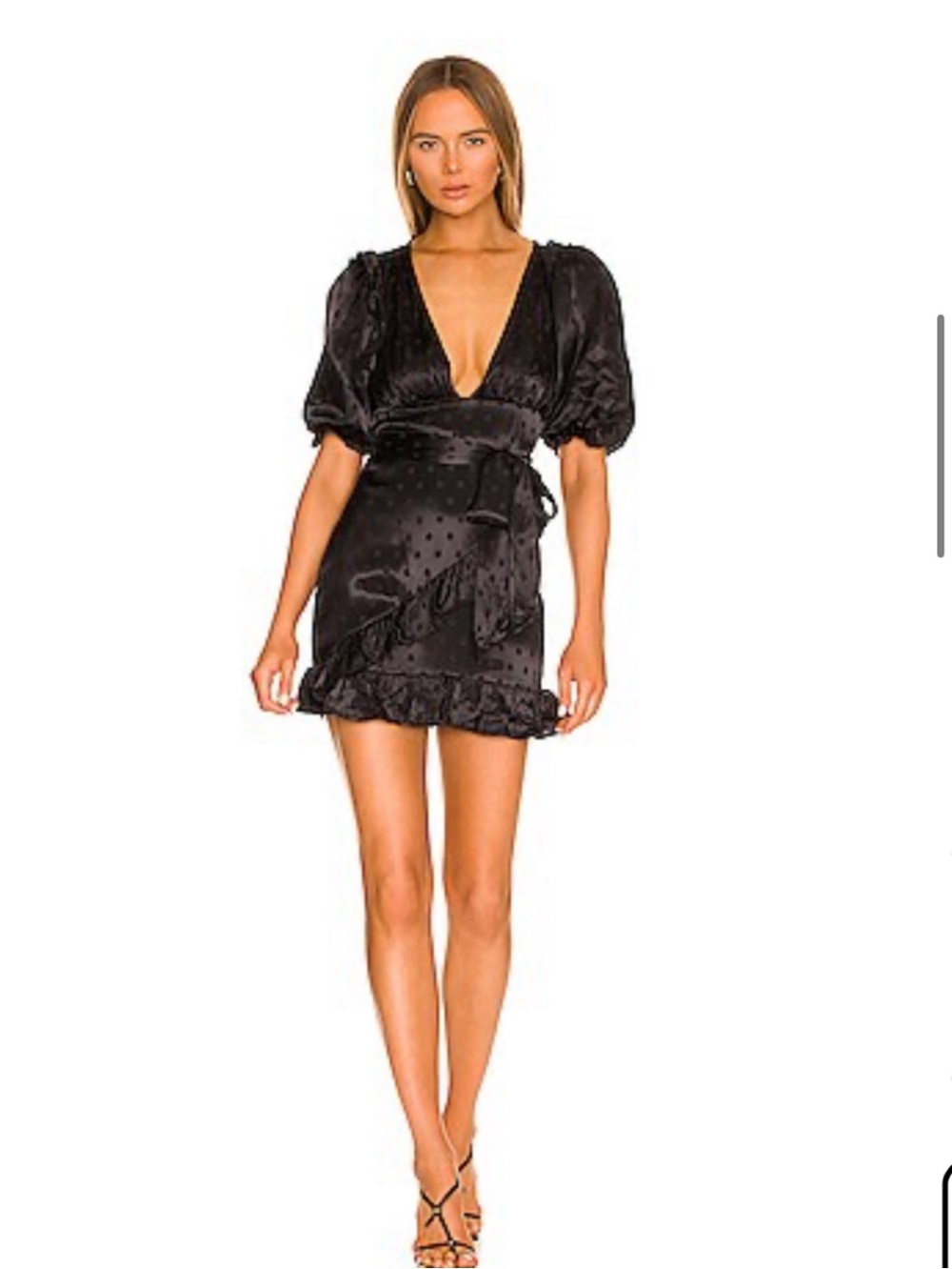 Majorelle Black Polka Dot Satin Wrap Mini Dress with Puff Sleeves